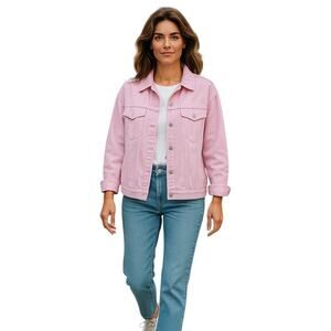 Zara Woman Oversized Pink Denim Jacket Button Front Long Sleeve Women’s Size M